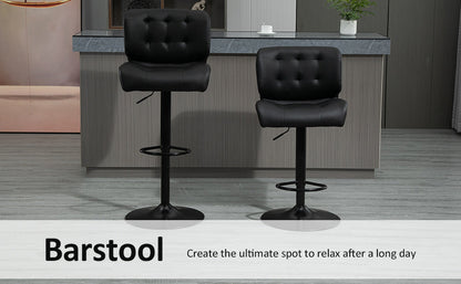 Black Bar Stools Set of 4: Adjustable Seats, Padded Cushion, Metal Footrest