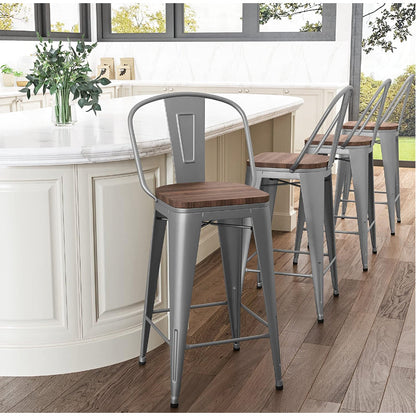 Sleek and Sturdy: Set of 4 Metal Bar Stools with Backs, 24 Inch Height